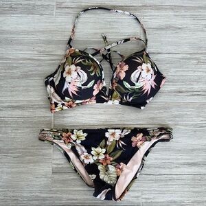 Floral bikini ruched butt bottoms XL, V front racerback tie back for top 36D